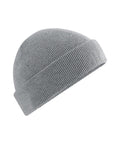 Beanies: A grey knitted beanie with a folded brim, displayed at an angle on a white background.