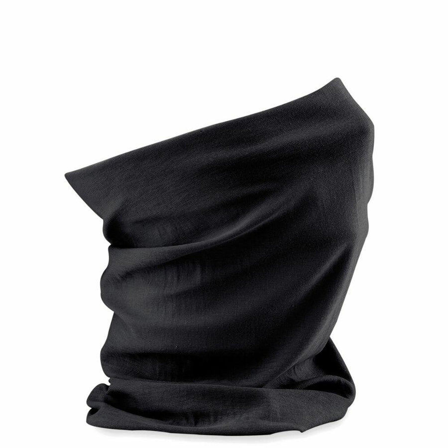 A Beechfield B900B neck gaiter in black, folded and standing on a white background.
