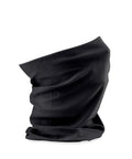 A Snoods black fabric neck gaiter is displayed upright against a white background, highlighting its soft texture and slight creases.