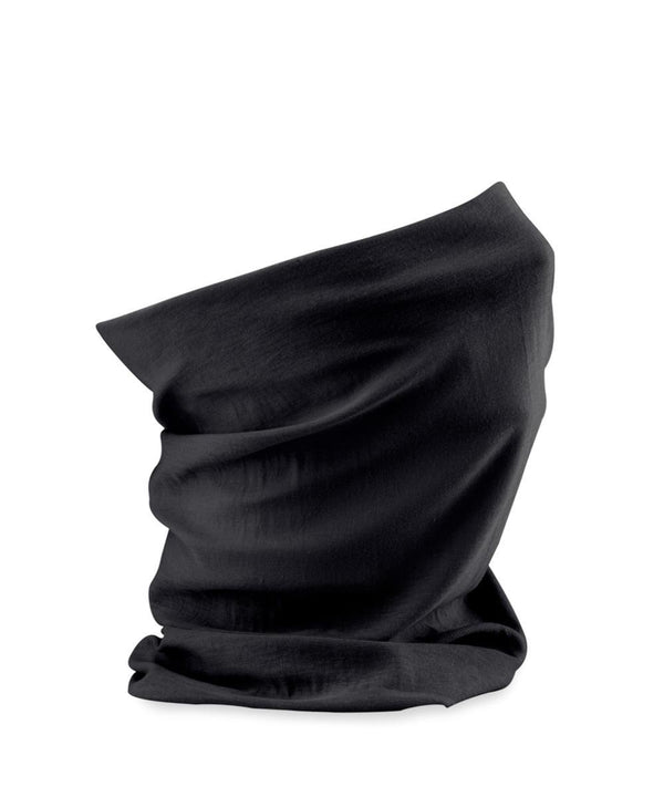 A Snoods black fabric neck gaiter is displayed upright against a white background, highlighting its soft texture and slight creases.