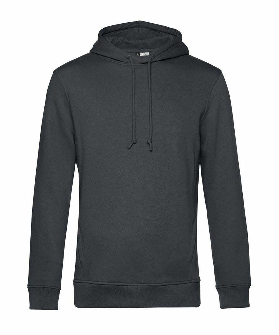 The B&C Collection BA001 hoodie in dark gray, featuring a front pocket and drawstrings, is displayed against a white background.