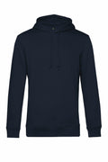 The BA001 by B&C Collection is a plain black hoodie equipped with long sleeves and a front pocket, along with an adjustable drawstring on the hood.