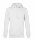 Displayed against a white background, the BA001 hoodie by B&C Collection features a simple design with long sleeves, drawstrings, and a front pocket. It is laid flat to showcase its plain white style.