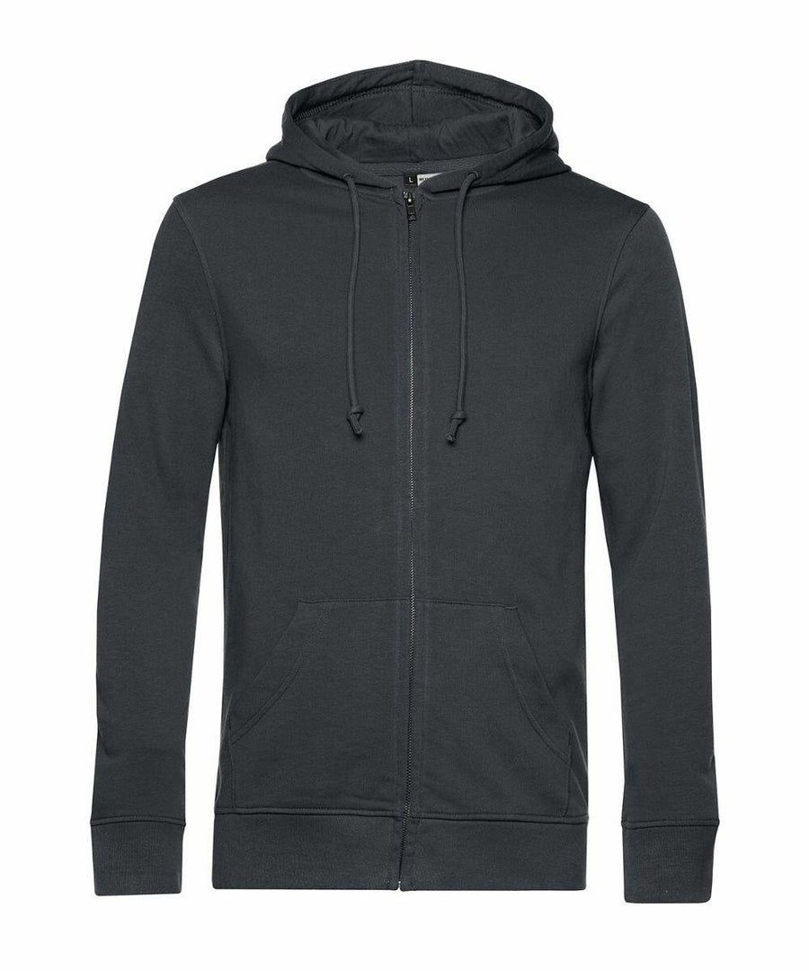 B&C Collection's BA002: A black zip-up hoodie featuring drawstrings and front pockets.