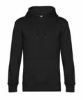 B&C Collection's BA011 is a black hooded sweatshirt featuring a front pocket and drawstrings on the hood.