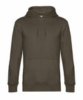 The BA011 sweatshirt by B&C Collection is an olive green, hooded design featuring a front pocket and drawstrings. It is showcased on a simple white background.