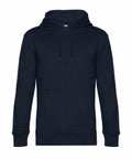 The BA011 hoodie by B&C Collection features a plain black design with a front pocket and drawstrings. It's showcased against a white background, highlighting its minimalist style and sleek lines.