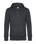 BA012 by B&C Collection is a dark gray zip-up hoodie featuring a drawstring hood and front pockets.