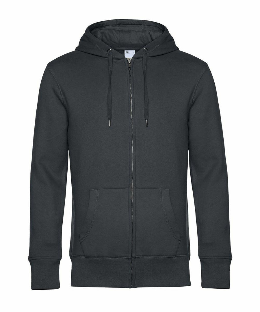 BA012 by B&C Collection is a dark gray zip-up hoodie featuring a drawstring hood and front pockets.