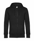 BA012 from B&C Collection is a black zip-up hoodie featuring drawstrings and two front pockets, displayed against a white background.