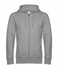 B&C Collection's BA012 is a grey zip-up hoodie featuring drawstrings and two front pockets.