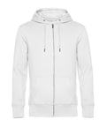 The BA012 by B&C Collection is a plain white zip-up hoodie featuring a front zipper and two pockets. It comes with a hood equipped with drawstrings, crafted from soft and comfortable material. The hoodie is showcased against a plain white background.