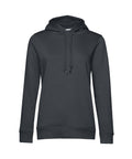 A B&C Collection plain dark gray hoodie, featuring long sleeves and a drawstring hood, labeled as product BA01F, is displayed on a white background.