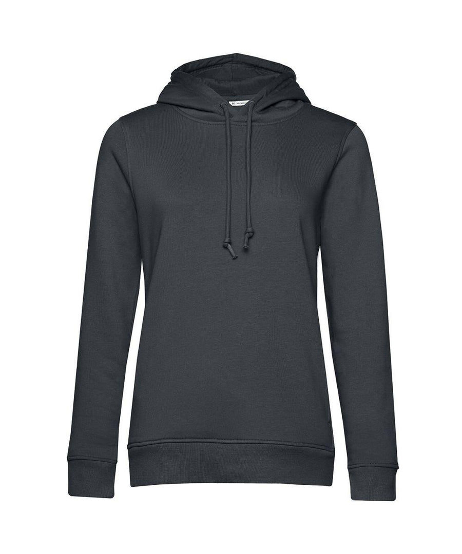 A B&C Collection plain dark gray hoodie, featuring long sleeves and a drawstring hood, labeled as product BA01F, is displayed on a white background.