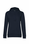 The BA01F by B&C Collection is a plain black hoodie featuring a front pocket, drawstring hood, and long sleeves. Made from fabric that appears soft and comfortable, this hoodie is perfect for casual wear. It is showcased on a plain white background.