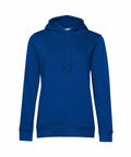 A B&C Collection BA01F, a plain blue hoodie featuring long sleeves and a drawstring hood, shown against a white background.