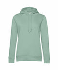 The B&C Collection BA01F is a simple, light green hoodie featuring a front pocket and adjustable drawstrings. The hoodie, displayed on a white background, showcases its long sleeves along with ribbed cuffs and hem.