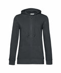 B&C Collection's BA02F is a dark green zip-up hoodie featuring a hood, drawstrings, and front pockets.