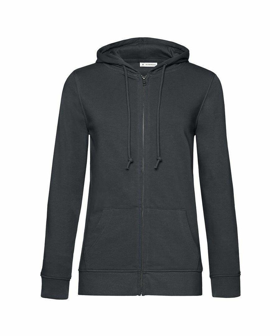 B&C Collection's BA02F is a dark green zip-up hoodie featuring a hood, drawstrings, and front pockets.