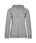 The product BA02F from B&C Collection is a gray zip-up hoodie featuring drawstrings and long sleeves.