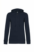 A black zip-up hoodie from B&C Collection's BA02F line is displayed, featuring a hood with drawstrings. It comes with long sleeves and front pockets, offering a simple and casual look against a plain white background.