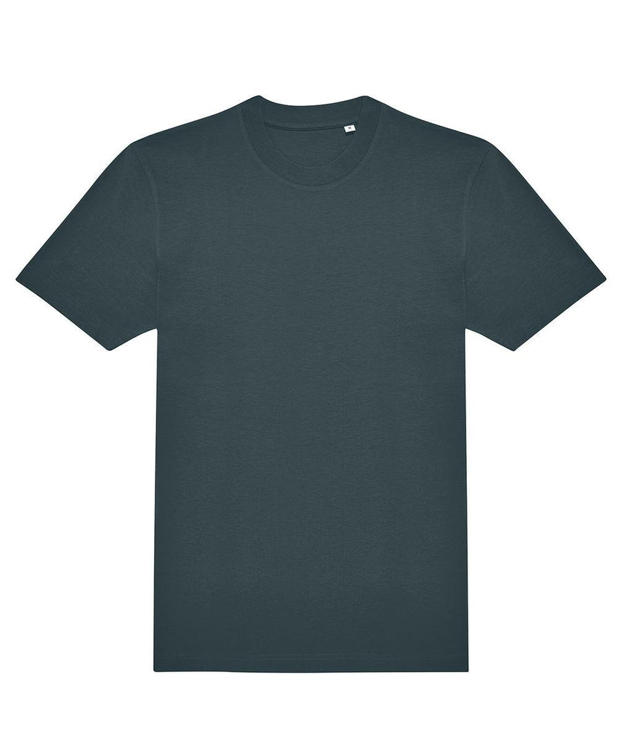 A plain, short-sleeved T-shirt in dark grey with a crew neckline is laid flat on a white background; it features no visible logos, patterns, or designs.