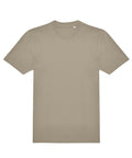 A plain beige T-shirt product with short sleeves and a classic crew neck is laid flat on a white background, featuring no visible logos, patterns, or designs.