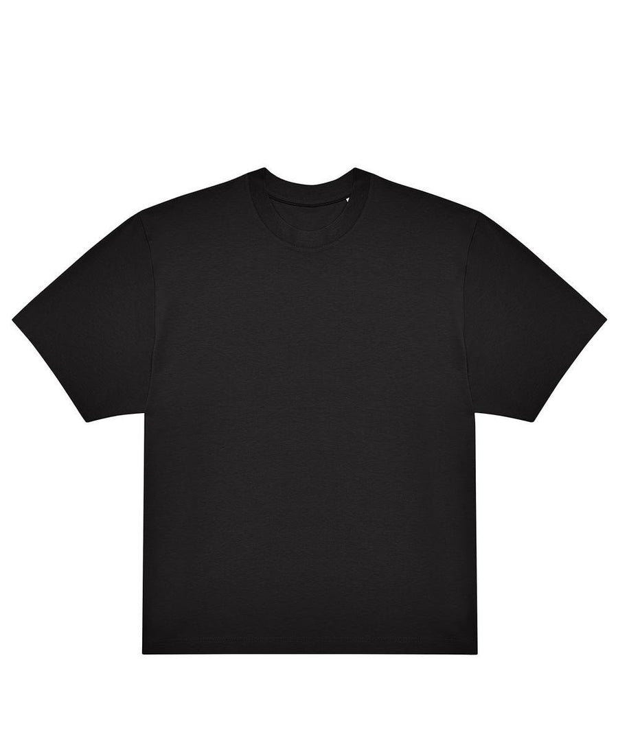 A plain black T-shirt short-sleeve crew neck is laid flat on a white background, displaying the front with no visible designs or logos.