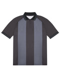 The Polo shirt features short sleeves, wide vertical stripes in dark grey and light grey, a black collar, and black trim on the sleeves.