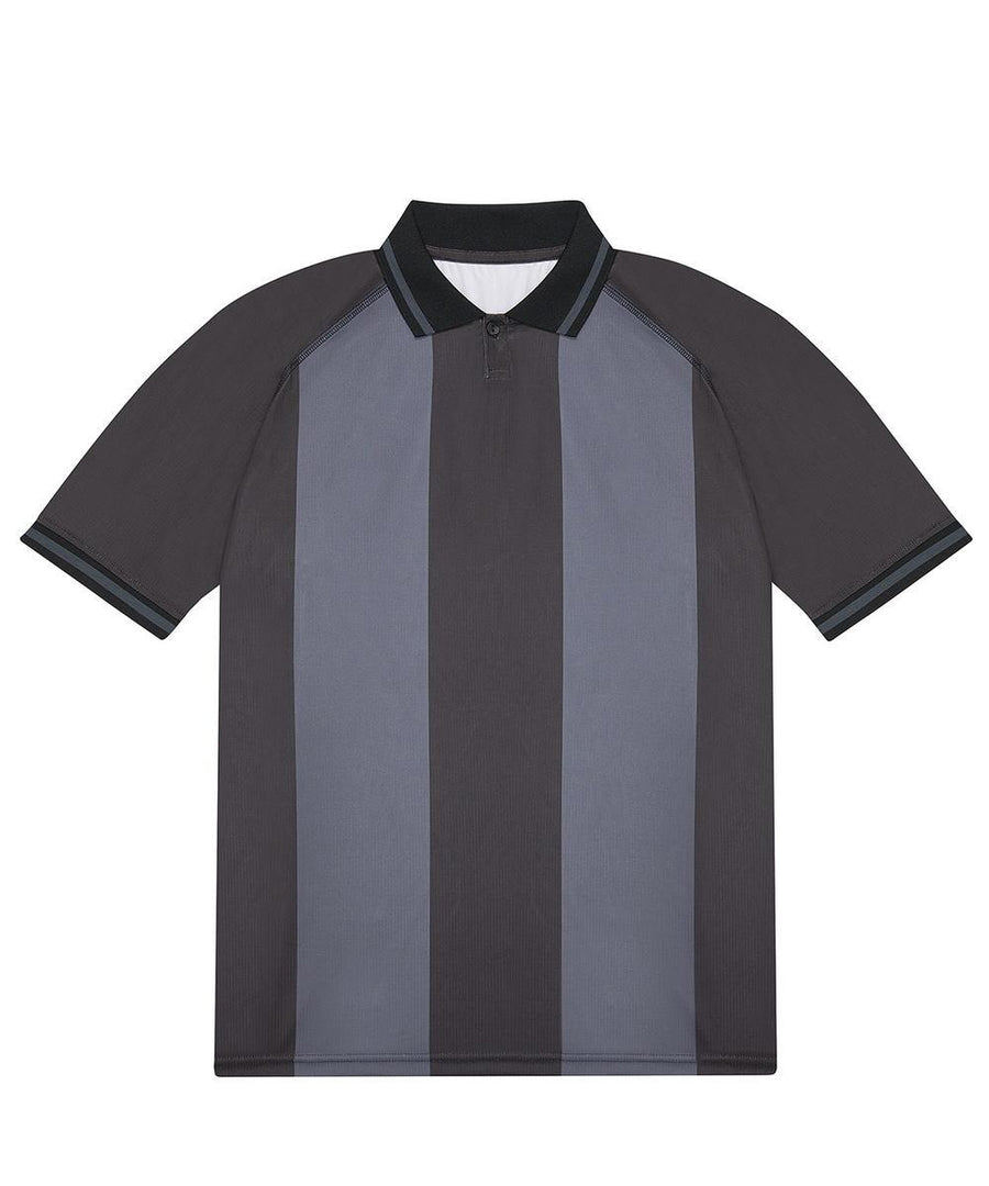 The Polo shirt features short sleeves, wide vertical stripes in dark grey and light grey, a black collar, and black trim on the sleeves.