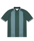 Polos: Short-sleeved polo shirt with wide vertical stripes in two green shades, featuring a collar and sleeve cuffs with white and dark green stripes, plus a button fastening at the neck.