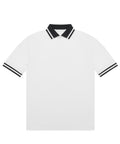 Polos: White short-sleeve polo featuring black and white striped collar and sleeve cuffs, displayed flat on a plain background.