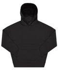 A black hoodie sweatshirt with long sleeves and a front kangaroo pocket, no visible logos or designs, is displayed flat on a white background.