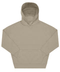 A light beige hoodie sweatshirt is laid flat with arms outstretched and hood up. It features a front kangaroo pocket and has no visible logos or designs.