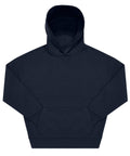 A dark navy blue hoodie sweatshirt is laid flat with the hood up and sleeves outspread. It features a front pocket and has no visible designs or logos.