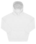A plain white hoodie with long sleeves and a front pocket, laid flat on a white background. The hood is up, with no visible logos or designs.