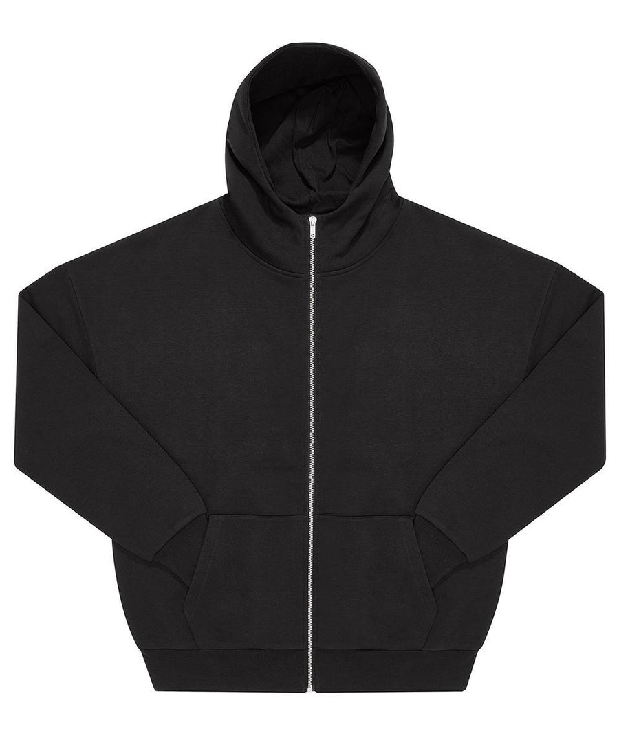 A black hoodie zip-up is laid flat with sleeves extended, showcasing a front zip, two pockets, and a hood.