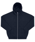 A navy blue zip-up hoodie is laid flat with outstretched arms, featuring a hood and front pockets.