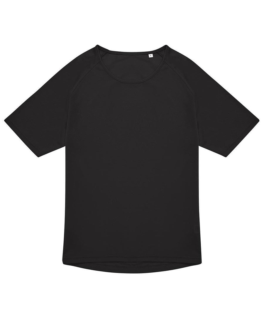 A T-shirts product is displayed flat on a white background, featuring a plain black front, short sleeves, a round neckline, and a simple unadorned design.