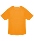A T-shirts product in plain orange with short sleeves and a round neckline is laid flat on a white background, featuring no visible logo or design.