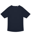 A navy blue, short-sleeved T-shirt top with a round neckline and no logos or designs is laid flat on a white background.