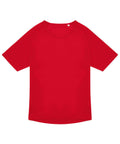 A plain, short-sleeved T-shirt product in red is laid flat on a white background, featuring a round neckline with no visible logos, patterns, or designs.