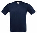 A plain navy blue T-shirt featuring short sleeves and a V-neck design from the B&C Collection, identified as product BA108.