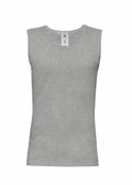 B&C Collection's BA110 gray sleeveless shirt, featuring a round neckline, is showcased against a white background.