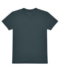 A plain, short-sleeved, dark grey V-neck T-shirt lies flat on a white background, featuring no visible logos, patterns, or designs.