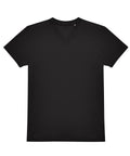 A plain black T-shirt short-sleeve V-neck is laid flat on a white background, featuring no visible logos, patterns, or designs.
