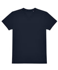 A plain navy blue V-neck short-sleeve T-shirt is displayed flat on a white background. The shirt features a simple design with no visible logos, patterns, or embellishments.