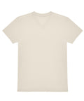 A plain, short-sleeved beige T-shirt top with a V-neck is displayed flat on a white background, featuring no patterns, logos, or designs.