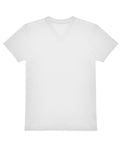 A T-shirt product featuring a plain white short-sleeve V-neck design is displayed laid flat on a white background, with no visible logos, patterns, or designs.