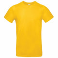A BA220 t-shirt from B&C Collection is showcased against a white backdrop. This short-sleeved shirt features a minimalist design with a crew neck and is crafted from what seems to be a soft, lightweight fabric in a bright yellow color.